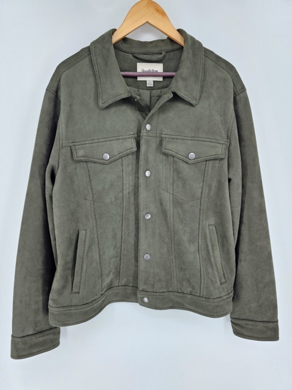 Men's Olive Green Faux Suede Trucker Jacket Size Large